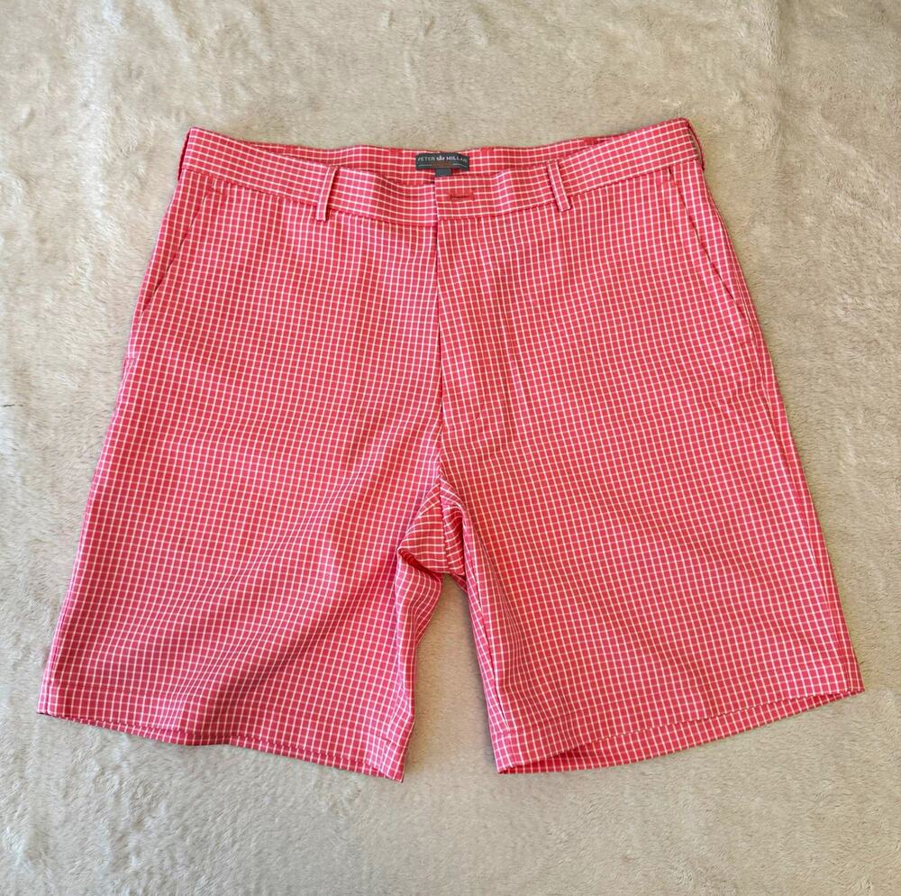 Peter Millar Men's Pink/White Check Chino Shorts Cotton Flat Front 10"